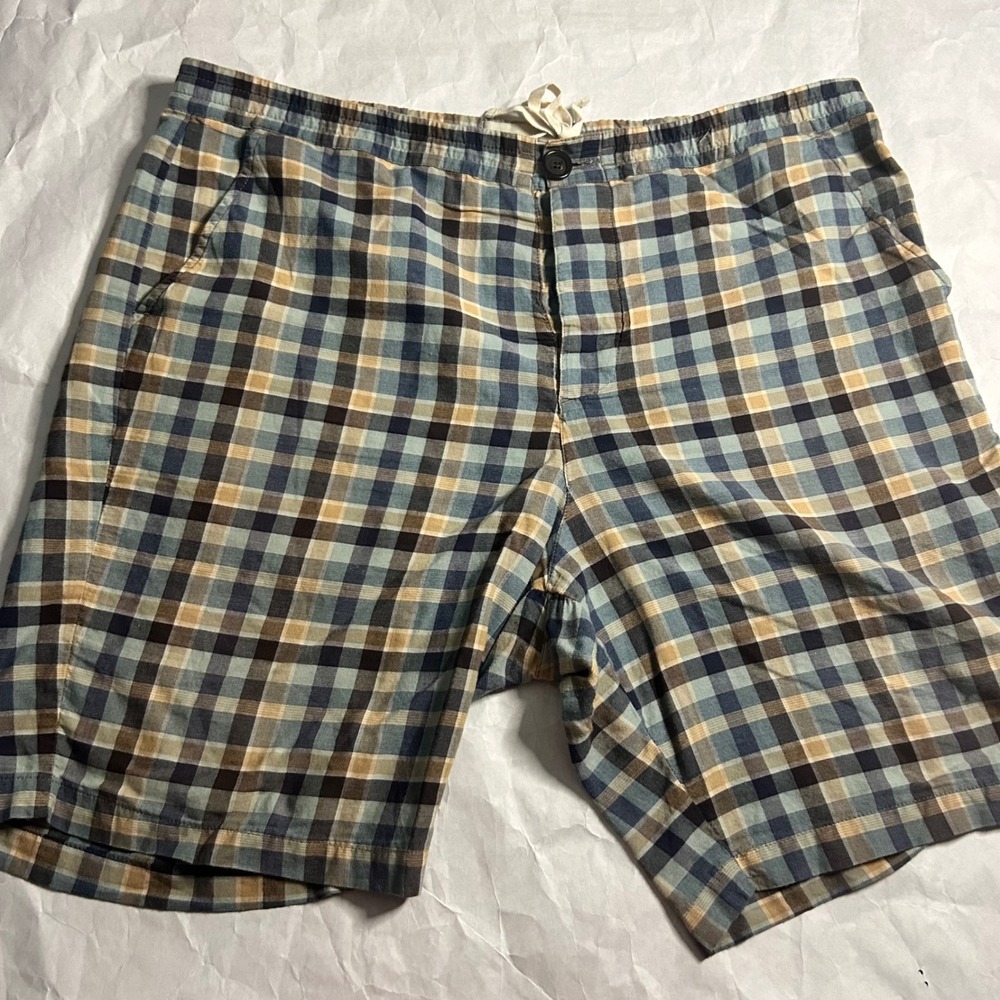 Oliver Spencer Mens Plaid Shorts XXL Blue Brown Preppy Drawstring Button Fly